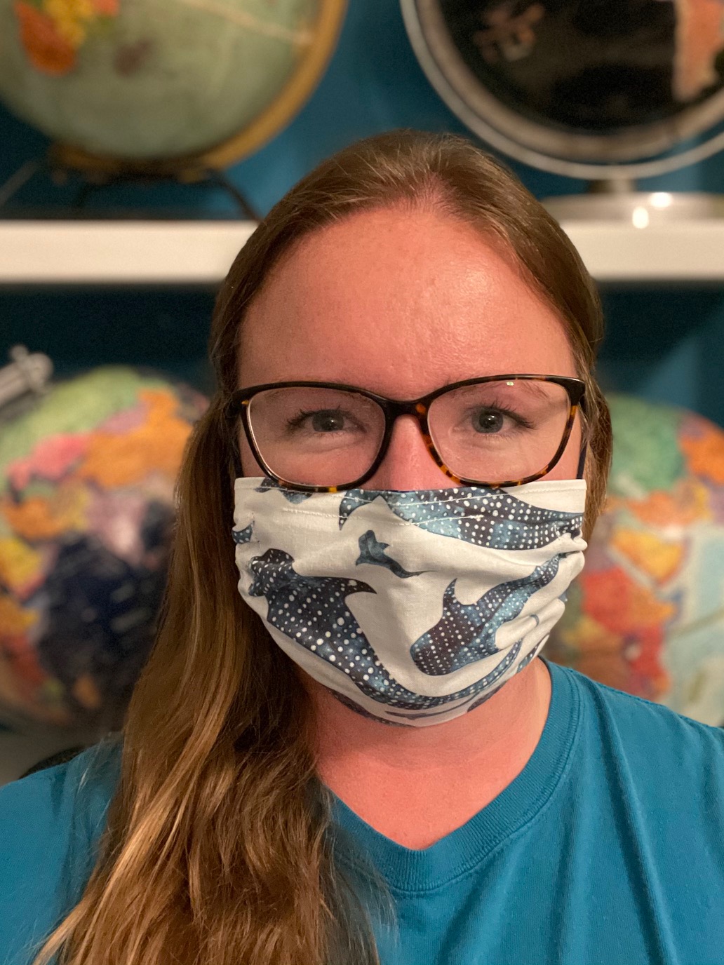 Laura Haythorn pictured in her handmade whale shark mask